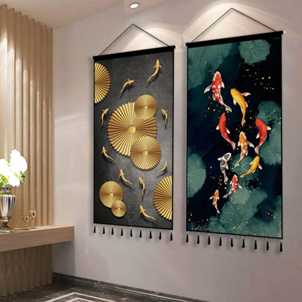 玄关布艺九鱼图中式装饰画轻奢客厅走廊挂画挂毯背景墙挂布背景布图片