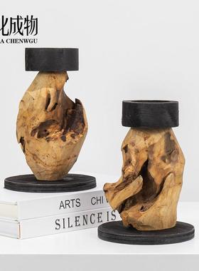 新中式侘寂风碳化木烛台日式禅意简约酒店样板间客厅玄关桌面摆件