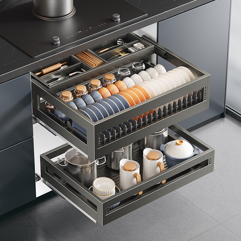 四季沐歌厨房橱柜拉篮抽屉t式304不锈钢锅具收纳内置调料伸缩拉篮