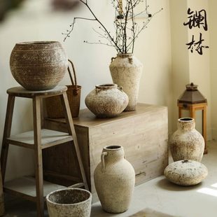 陶瓷插干花器阳台花盆家居摆件 复古花瓶粗陶侘寂风民宿陶罐新中式