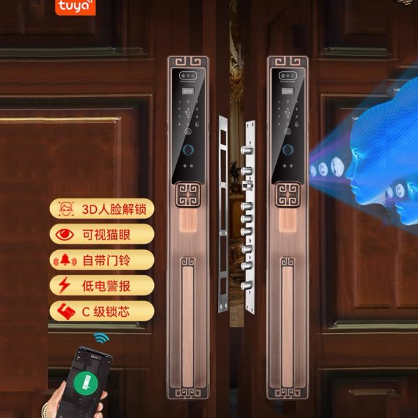 3D人脸识别新中式智能锁别墅双开大门入户门家用防盗门指纹锁