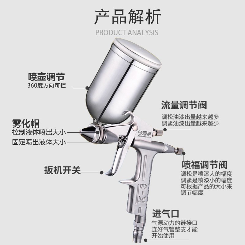 油漆喷枪气c动修补喷枪喷壶K3圆嘴皮衣家具上色小型扁嘴气动喷漆