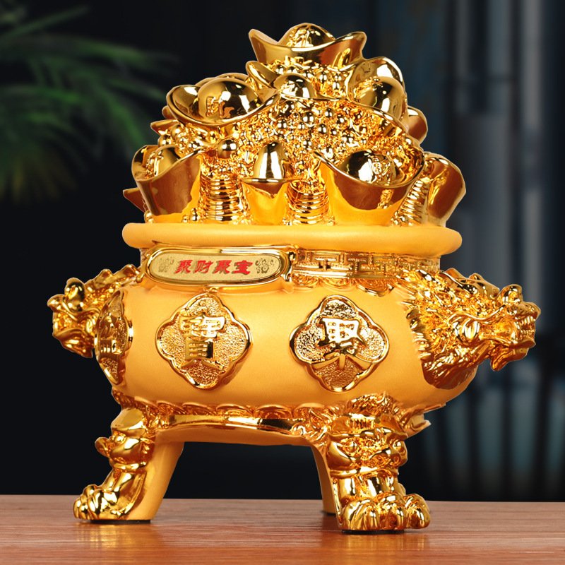 绒沙金聚宝盆客厅办公室装饰摆件创意树脂工艺品商务开业礼品