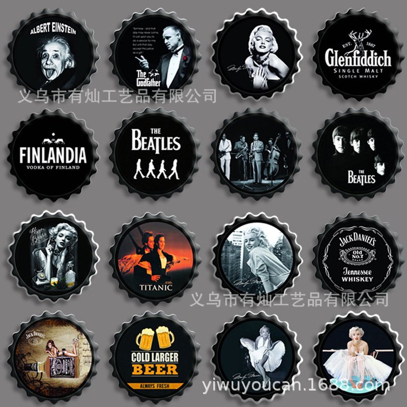 一件代发亚马逊货源外贸复古铝制凹凸标牌 装饰立体啤酒盖铁皮画