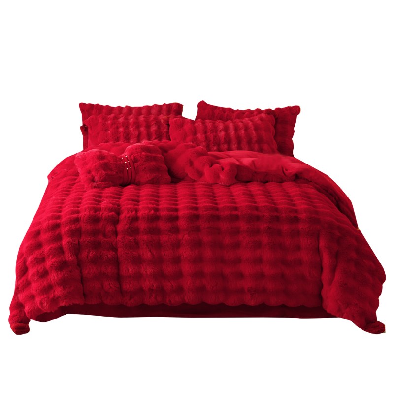大红色高端牛奶绒四件套兔兔绒加B绒加厚被套床单结婚陪嫁床上用