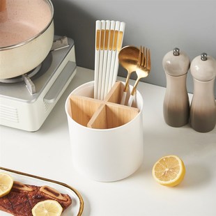 轻奢圆形筷子筒竹木分格厨房多功能置物盒勺子餐具T桌面文具收纳