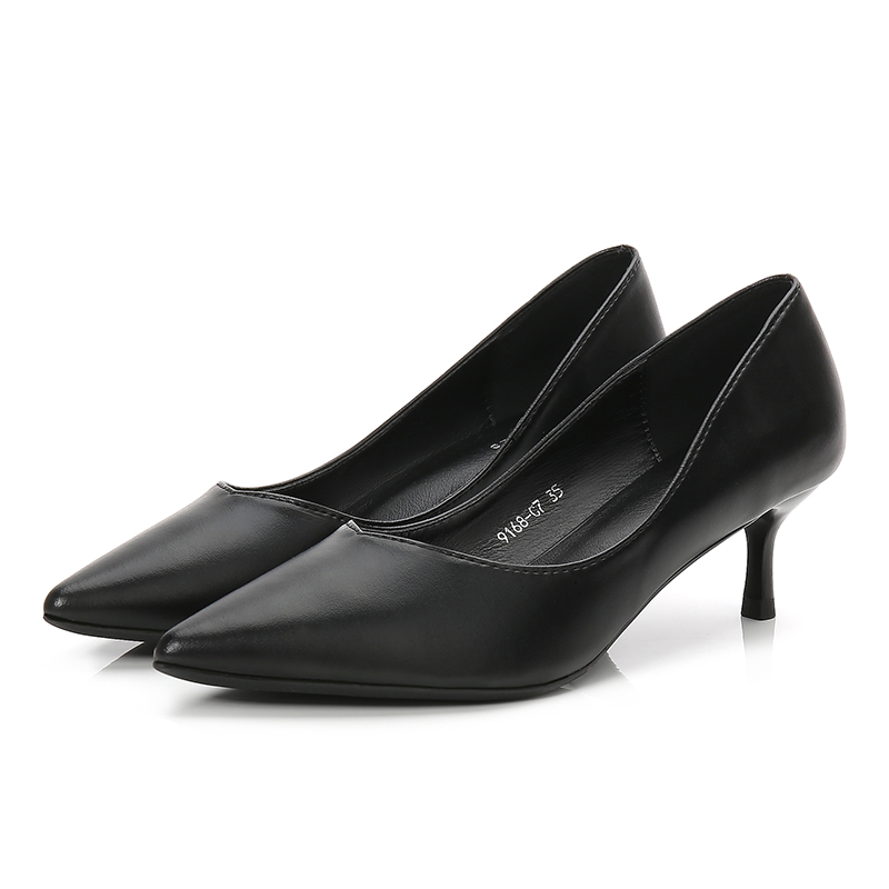 空乘尖头细跟高h跟鞋女软皮中跟职业黑色工作鞋矮跟正装礼仪单鞋