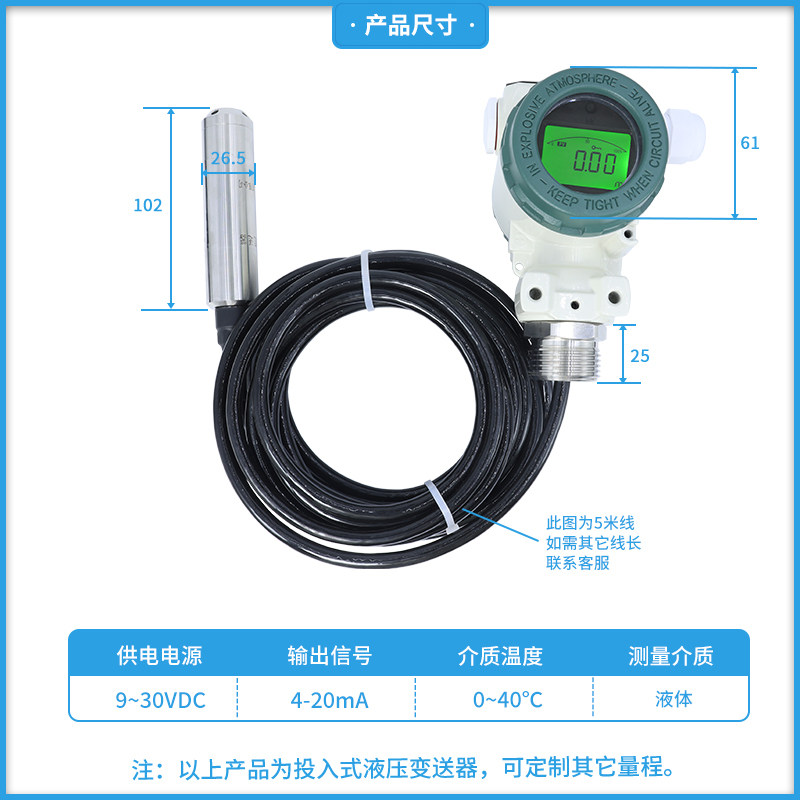 PT131Y投入式液位变送器水位y传感器静压式扩散硅液位计4-20mA远