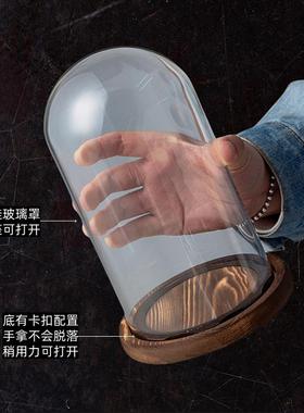 复古怀旧款 透明玻璃罩EVA卡扣炭烧仿古木防脱落底座人偶盲盒手办