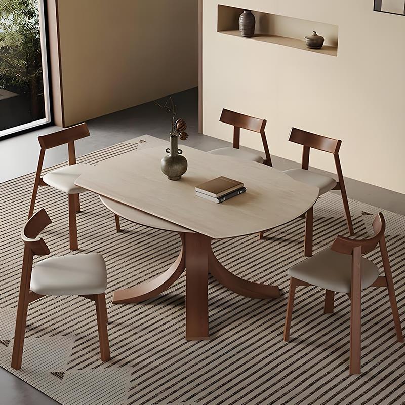 洞石实木伸缩餐桌圆形家用小户型折叠桌子现代简约方圆两用小户型