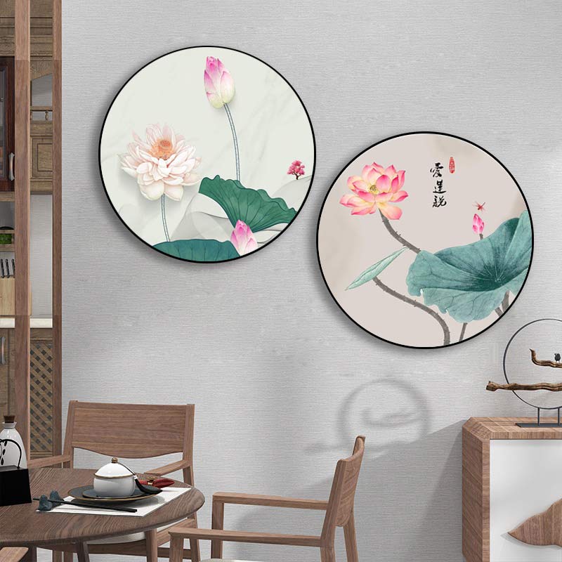 圆形荷花鲤鱼装饰画新中式淡雅荷花客厅餐厅茶室可自粘油画布画芯图片