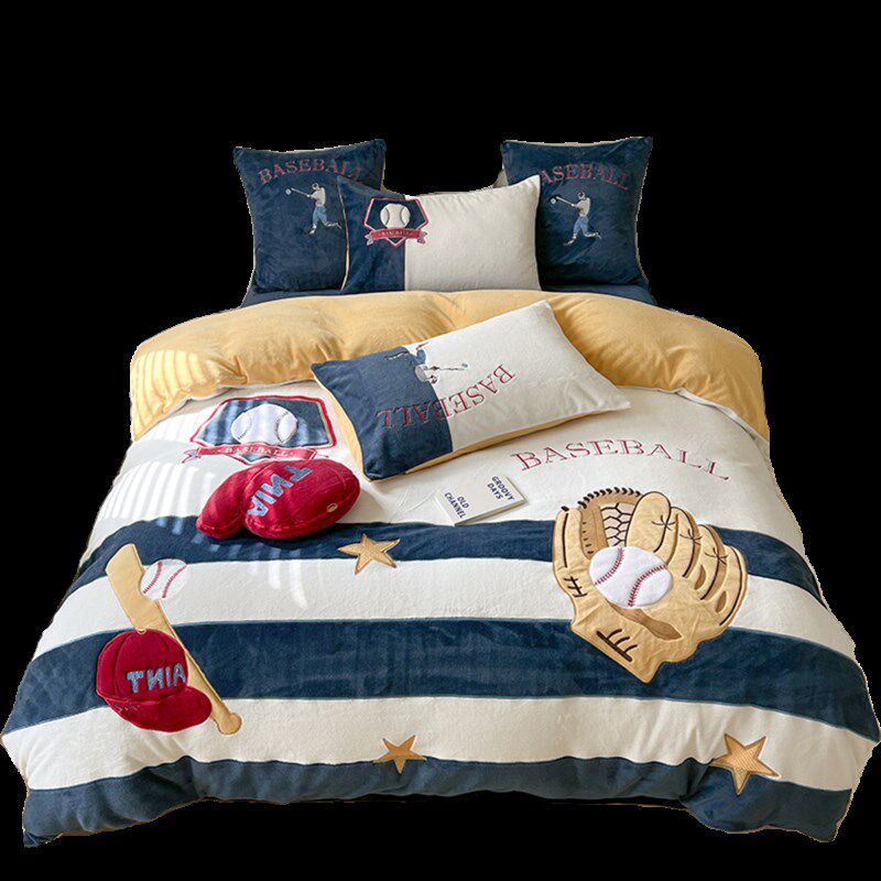 高端棒球手刺绣牛奶绒四件套冬季男E孩被套三件套珊瑚毛绒床单床