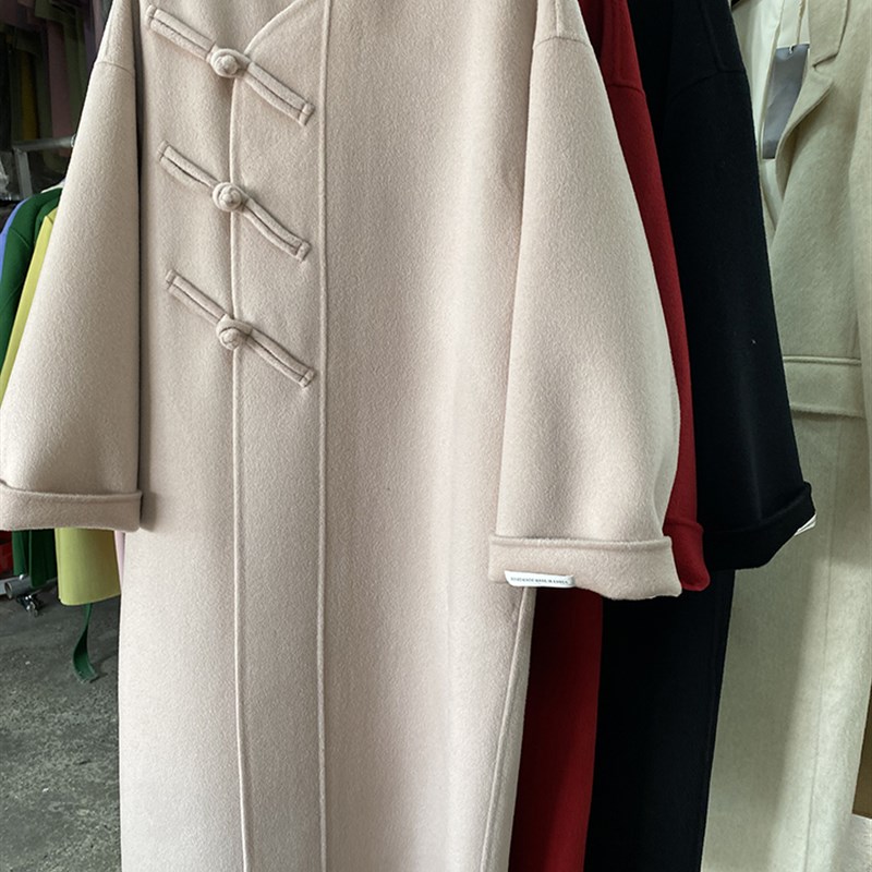 HTBT定制新年红色中式风盘扣手缝双G面羊绒大衣女气质长款羊毛外