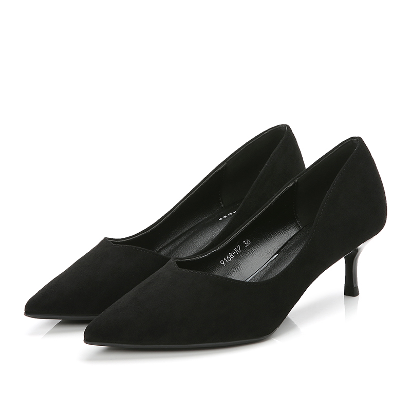 空乘尖头细跟高跟鞋女软皮中跟职业黑色工作鞋矮跟U正装礼仪单鞋