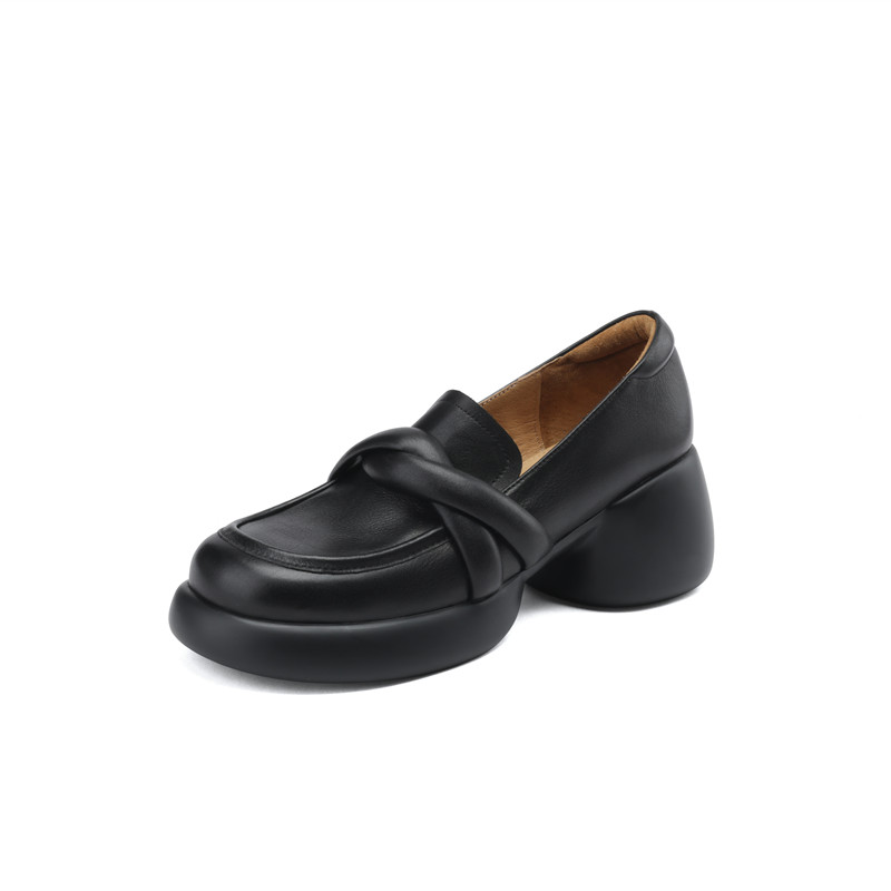 23秋新款厚底圆头黑色小v皮鞋女粗跟松糕底交叉带复古懒人单鞋