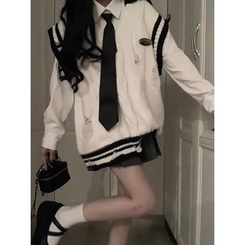 春秋甜美学院风v领针织马甲背心毛衣女百搭叠穿衬衫上衣两件套