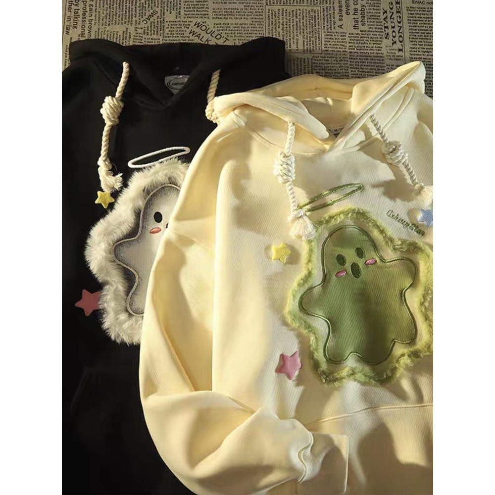 美式甜美可爱幽灵植绒刺绣连帽卫