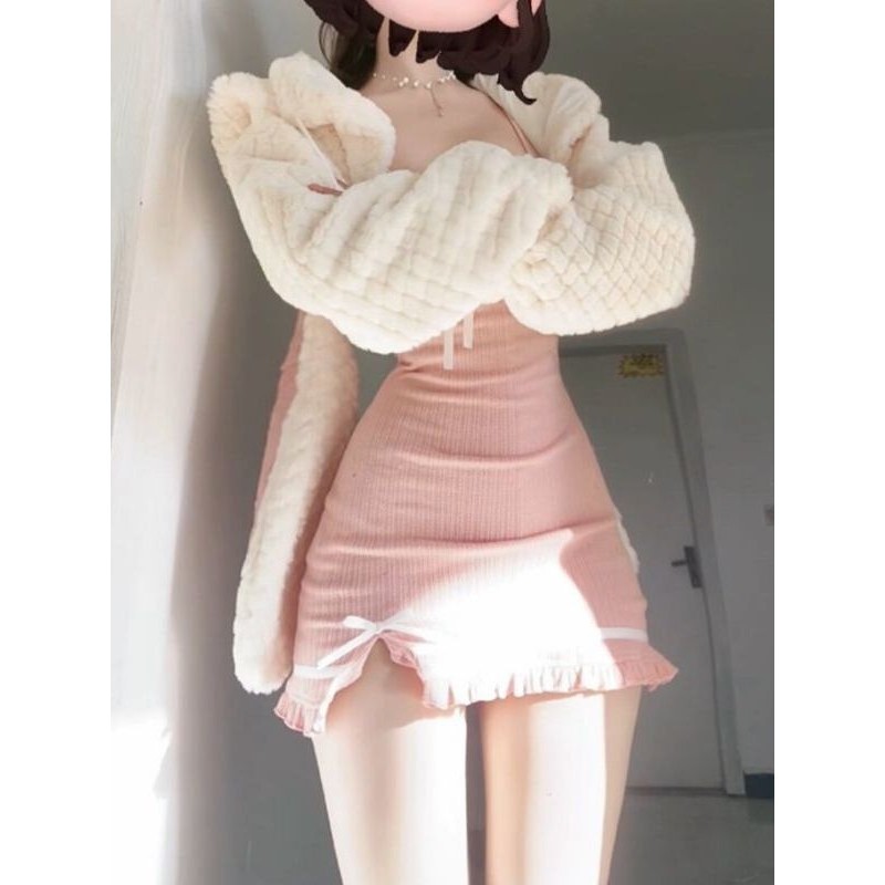 秋冬新款纯欲兔耳朵连帽毛绒外套