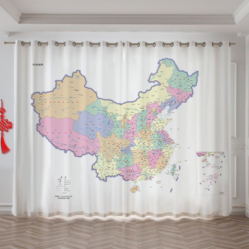 中国地图定制窗帘图案世界英文版高清高端大气客厅卧室背景布帘新