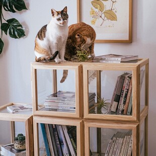 掬涵白蜡木实木格子柜自由组合玻璃门收纳展示柜多功能储物柜书柜