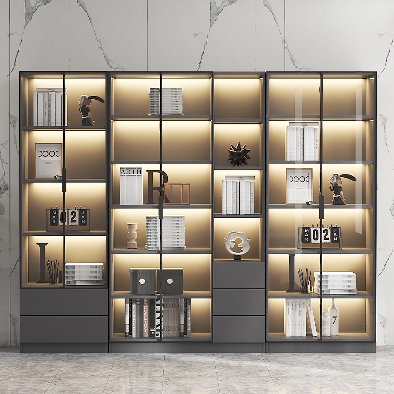 书柜带玻璃门展示酒柜轻奢定制家用客厅一体整墙到顶书架实木手办