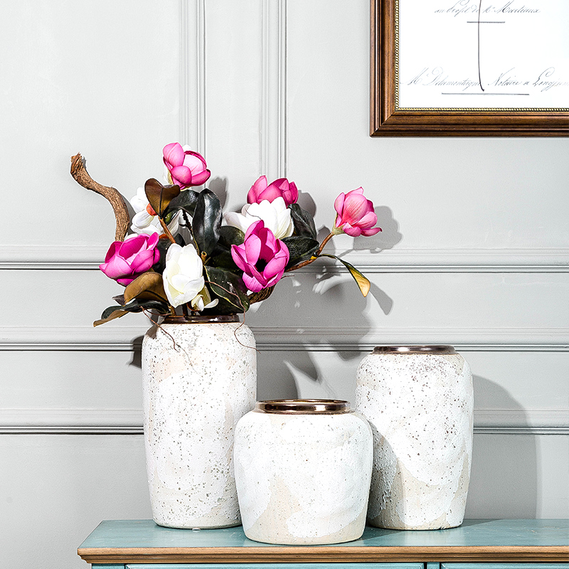 现代简约干花陶瓷插花花瓶中式摆件复古小清新手工白色粗陶罐瓷器