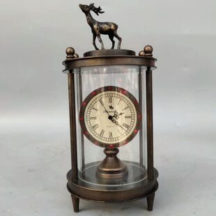 古玩仿古做旧铜器回流纯铜镶嵌石小鹿机械表摆件家居客厅装 饰品