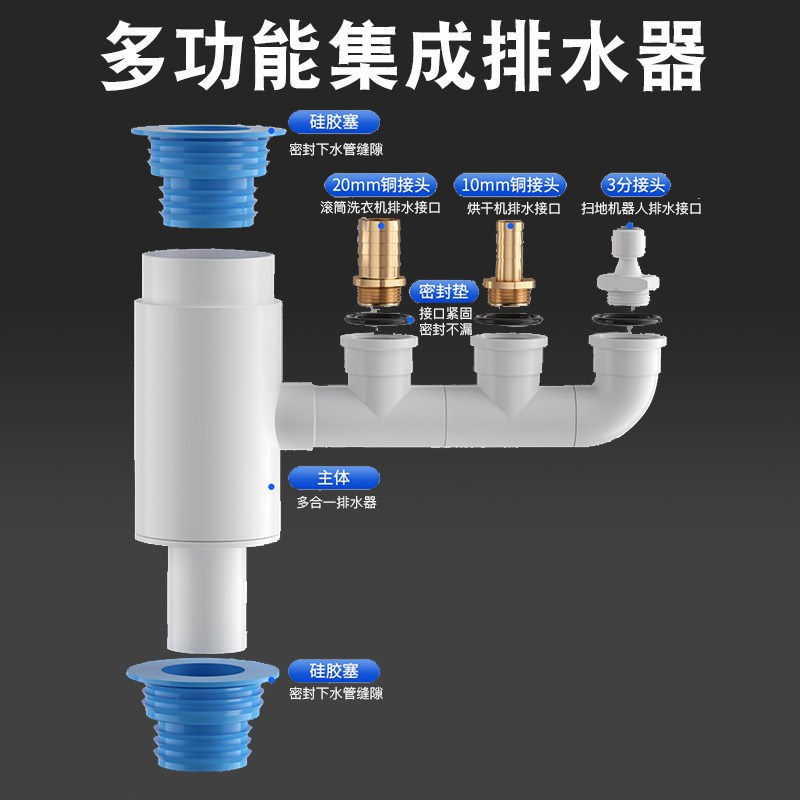 阳台洗衣机下水管三头通止逆阀分水器扫地机器人下水道防返臭神器