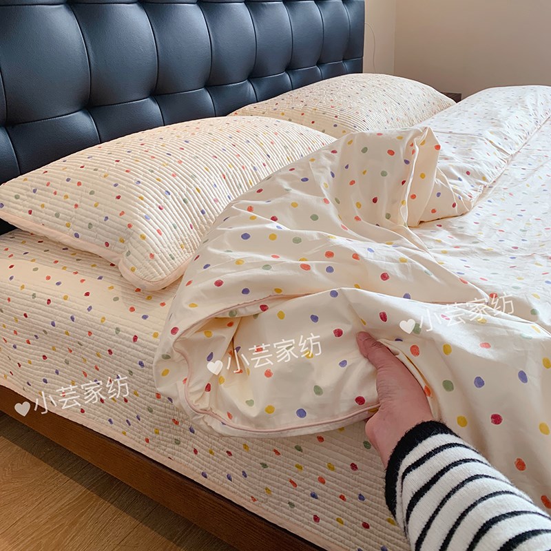 韩式小清新床盖三件套q砂洗夹棉绗缝榻榻米床垫1.8全棉四件套