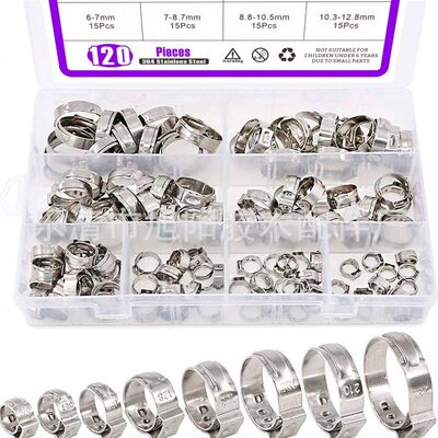 120pcs盒装304不锈钢软卡箍管箍压合软管夹组合套件 耳无极喉箍