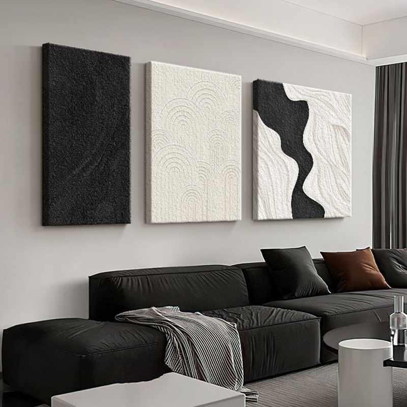 侘寂风极简客厅装饰画黑白抽象肌理三联壁画高级感沙发背景墙挂画