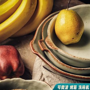 朴风粗陶果盘复古白色鱼盘双耳盘料理碗盘子文艺民宿餐厅异形餐具