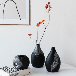 饰品复古茶室干花摆件 现代简约黑色陶瓷花瓶家居客厅插花餐桌装