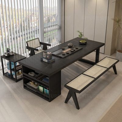 阳台实木侘寂风茶桌椅组合办公室客厅泡茶台原木大板黑色阳台泡茶