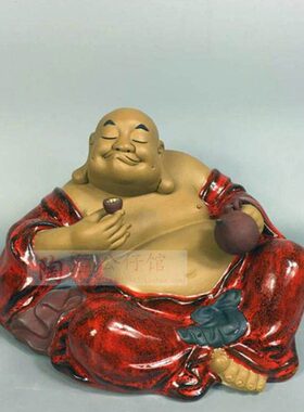 陶瓷工艺品石湾公仔家居装饰品礼品客厅酒柜招财摆件品茶大肚佛红