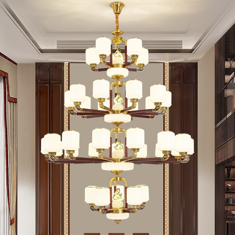 新中式别墅覆h式楼大吊灯全铜实木玻璃客厅中空跃层楼梯间长吊灯