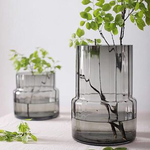 现代轻奢极简玻璃插花花瓶矮胖大口径直筒花瓶鲜花特大号绿色花器