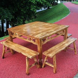 炭烧复古碳化木火锅店餐桌椅餐馆酒店农庄饭店实木八仙桌凳四方桌