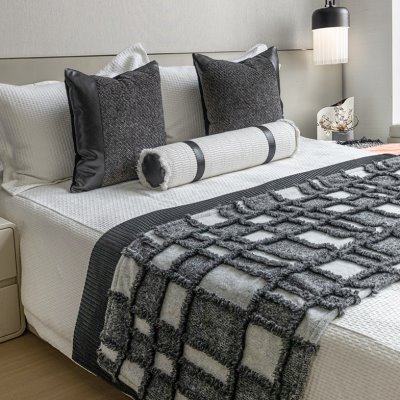 现代简约酒店民宿床尾巾灰黑抱枕毛呢格子搭毯样板房床品多件套