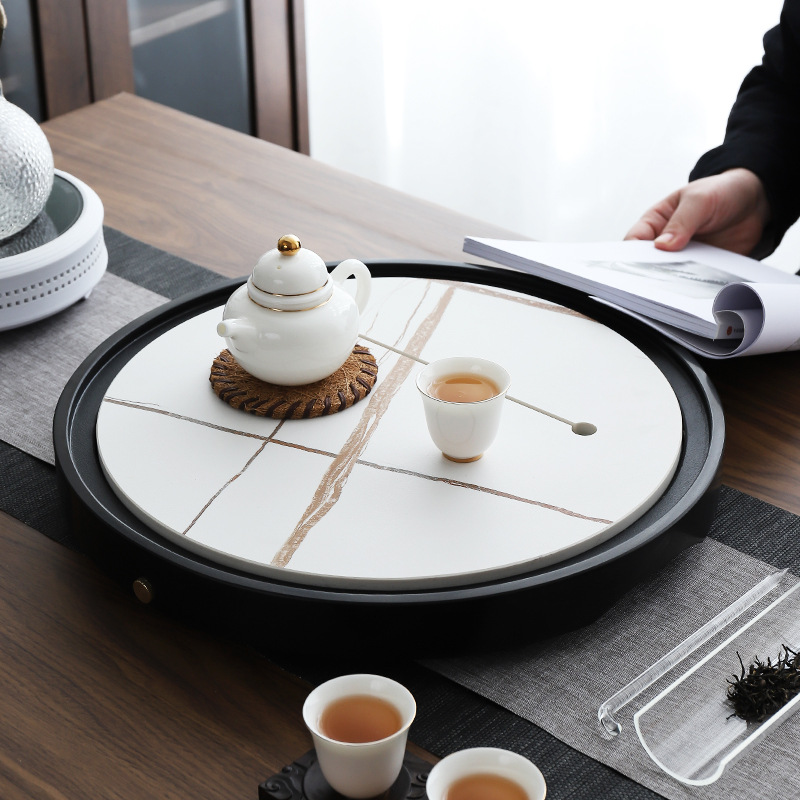 A524现代轻奢岩板乌金石茶盘整块茶托盘简约家用大号圆形干泡储水