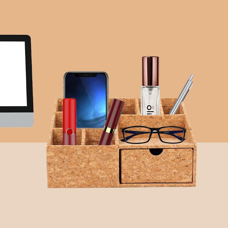 办公收纳盒分格桌面木质抽屉式木盒子家用软木笔筒杂物 文具盒