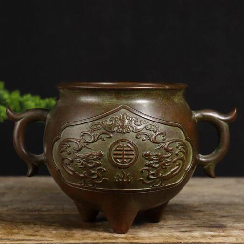 古玩收藏纯铜双龙耳三足乳足香炉线香炉茶台家居办公室茶台摆件