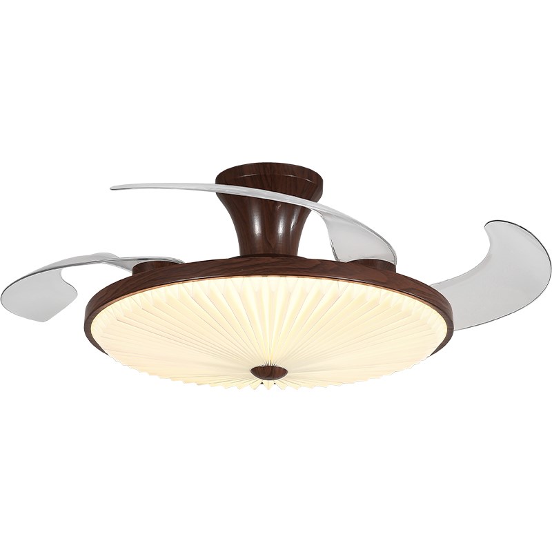 隐形风扇灯复古木纹新款百褶中古风静音餐厅卧Q室灯电扇一体吸顶