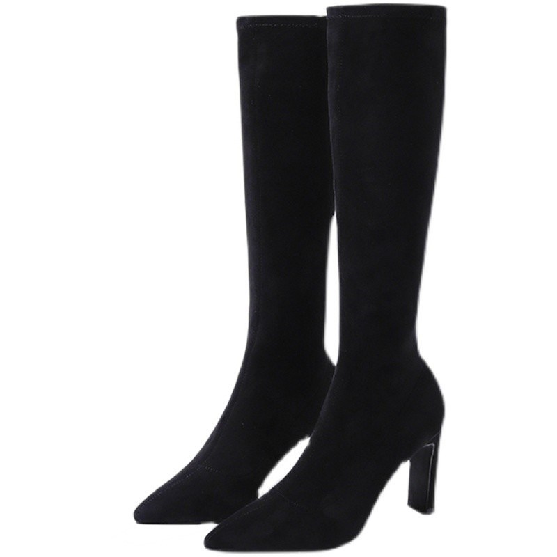 长筒靴女2c024年冬款加绒黑色弹力靴粗跟不过膝靴小个子高筒瘦瘦