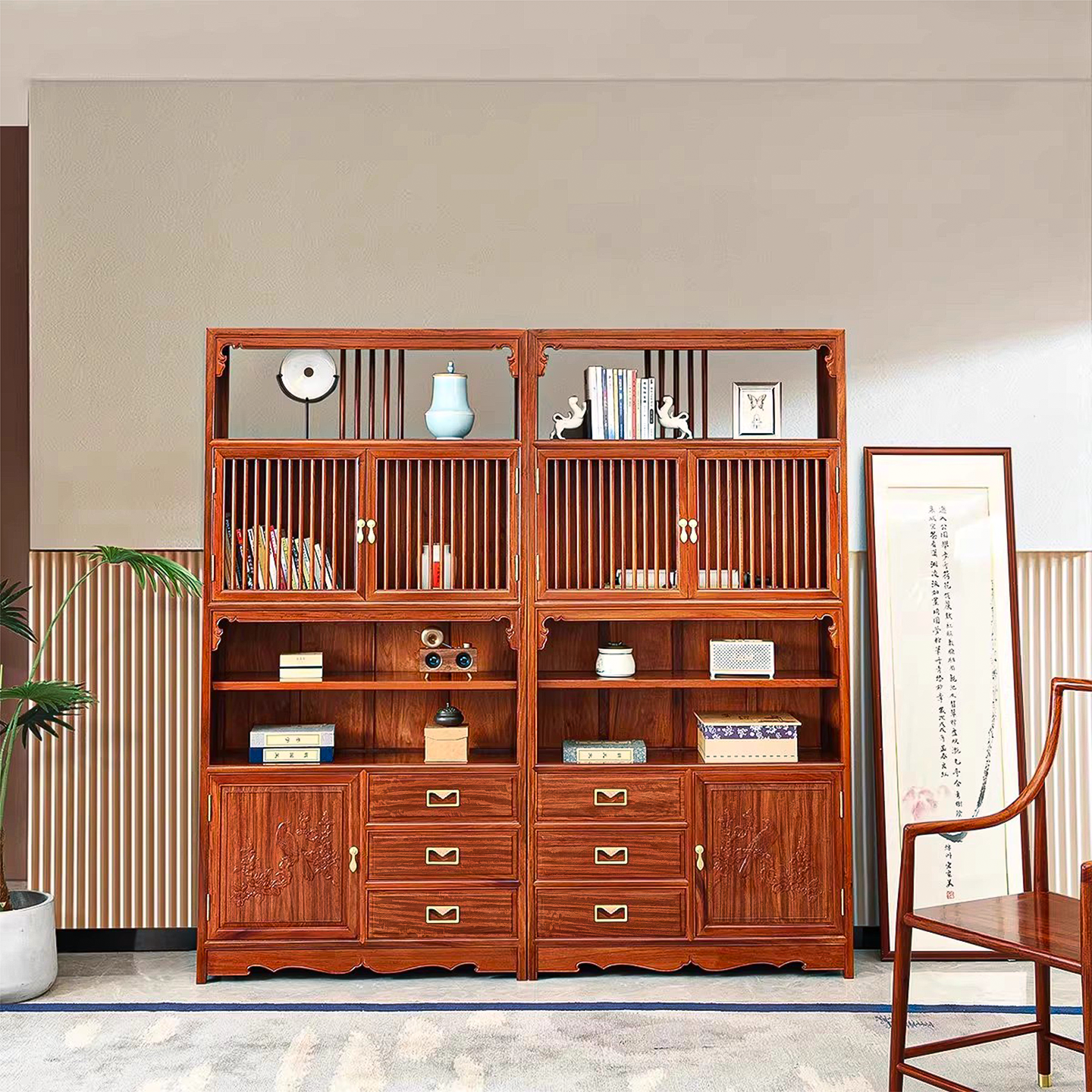 明式红木家具大果紫檀书柜组合新中式缅甸花梨木书橱书房书架