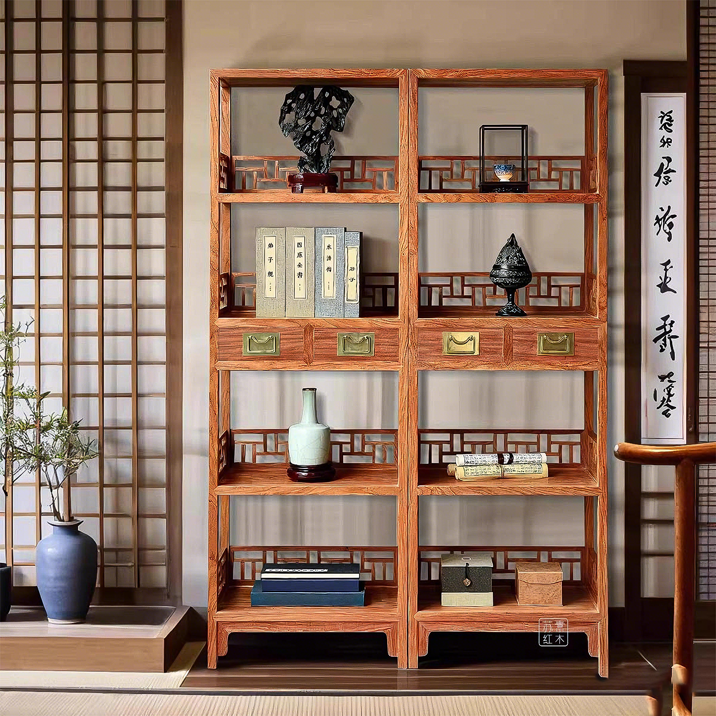 缅甸花梨木书柜书架大果紫檀书柜