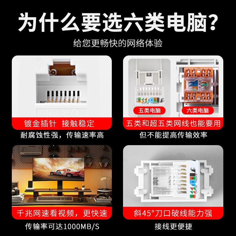 暗装86型六6类电脑网线带五孔电源面板千兆网口网络插加5孔带插座
