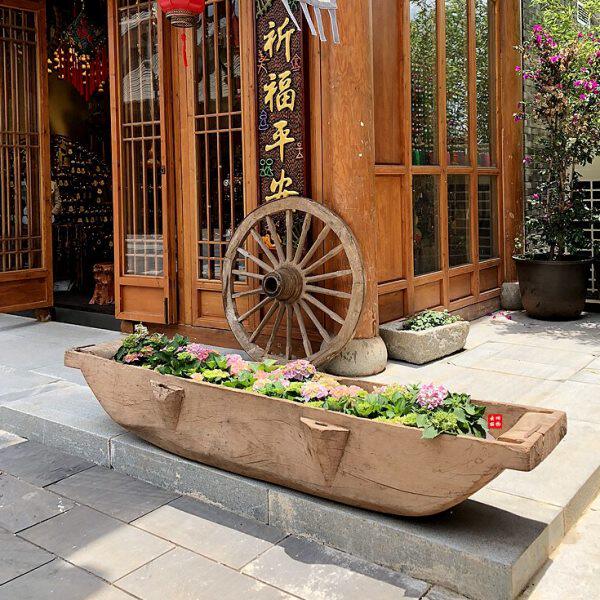 花园水培花盆 枯山水实木养鱼缸长方形花器 深口特大号花箱枯木船