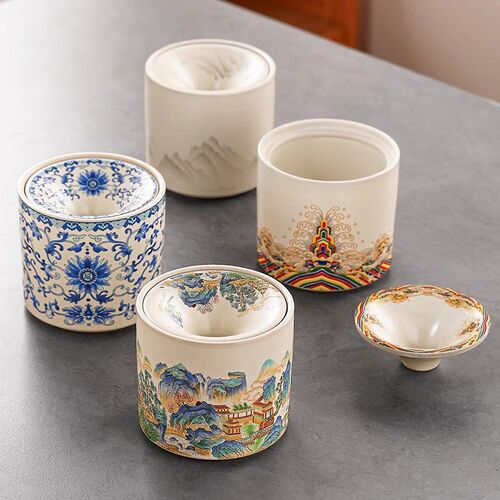 山水雅居汝窑烟灰缸带盖防飞灰办公室烟盅家用客厅中式漏斗烟缸