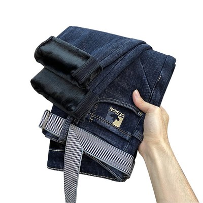 高端轻奢加绒加厚牛仔裤男款冬季C保暖刺绣长裤一体绒修身小脚男